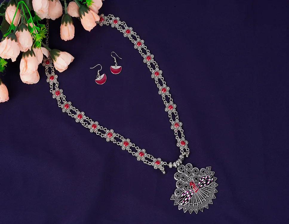 Designer Oxidized Pink Stone Jewellery Set