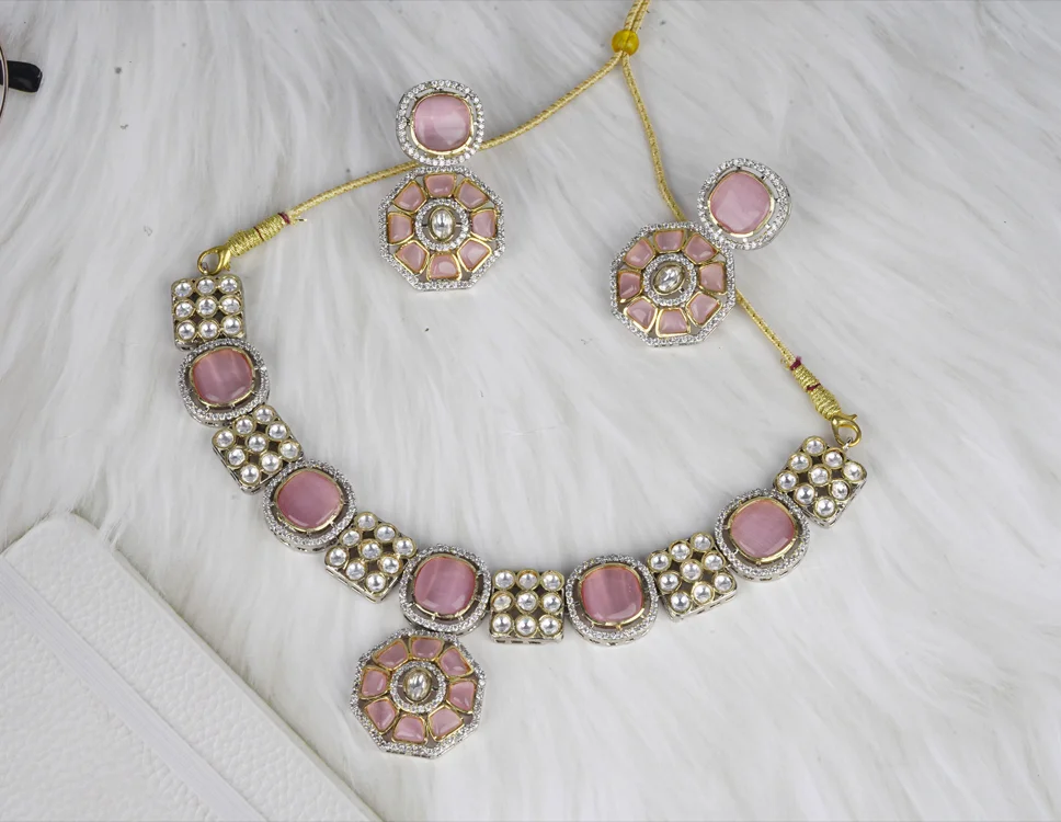 Designer Pink Stone Jewelry Set with American Diamonds-1