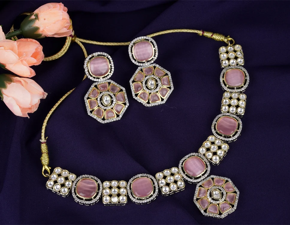 Designer Pink Stone Jewelry Set with American Diamonds