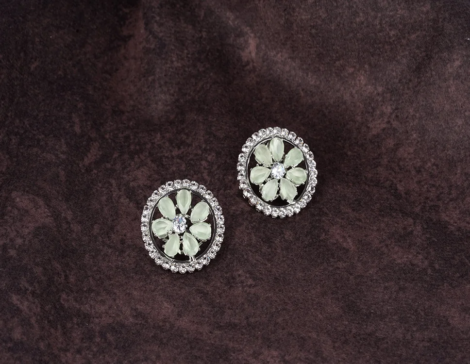 Mint Green Floral Stone Stud Earrings