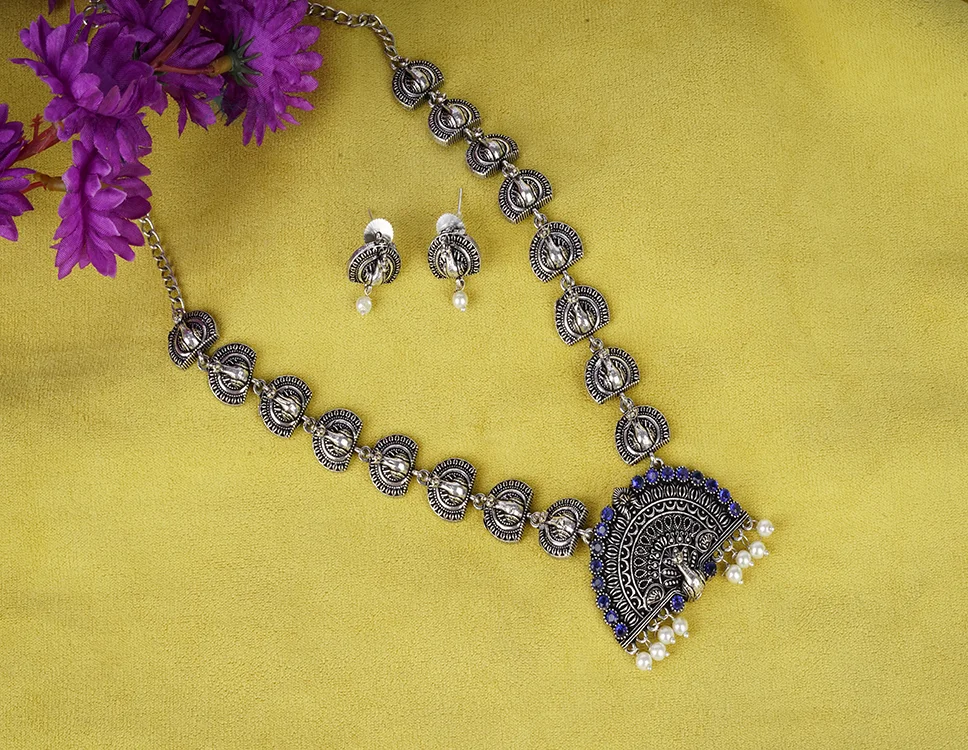 Oxidized Necklace set with Peacock motif design